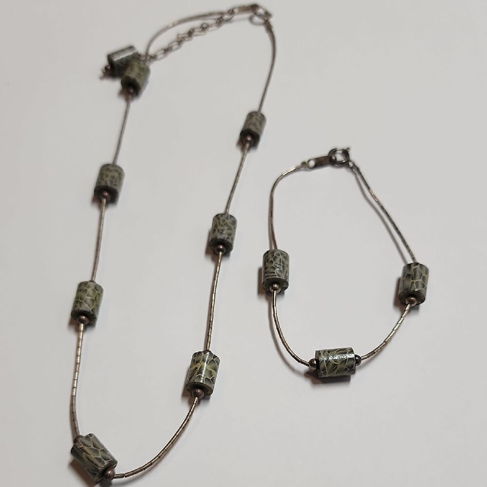 Vintage JORDAN Sterling Silver and Green Snake Print Beaded Jewelry Set